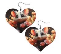 Cartoon Opossum and Roses Leather Earrings Dangle Drop for Women Lightweight Heart Dangle Earrings Jewelry Fashion Pendant and Valentine Birthday Party Gift