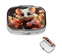 Cartoon Opossum and Roses Pill Box 2 Compartment Square Portable Pill Case for Pocket or Purse Small Weekly Medicine Planner Travel Pillbox with Mirror Decorative Metal Vitamin Holder Gifts