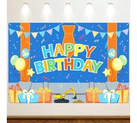 Cartoon Orange Blue Happy Birthday Backdrop, 5x3ft Birthday Party Decorations Colorful Cartoon Banner Photography Background for Boys Girls Photo Booth Supplies
