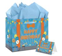 Cartoon Orange Blue Theme Birthday Gift Bag Large Cartoon Theme Bag Orange Blue Happy Birthday Gift Bag Party Favor with Card Tissue Paper for Kids Adults Celebrations Supplies Fun Decor
