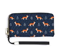 Cartoon Orange Foxes Seamless on Snow Dark Blue Forest with Trees Long Clutch Wallet, Long Handbag with Removable Wristlet Strap, PU Leather Zip Purse, Credit Pass Case Card-Holder for Men Women