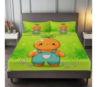 Cartoon Orange Little People On The Grass Printed Fitted SheetKing, Soft Microfiber Fitted Bed Sheets Shrinkage Fade Resistant Bedding with 2 Pillowcases, Deep Pocket 30cm Fitted Sheet, Green