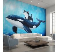 Cartoon Orca Wallpaper for Living Room, Kids Cute Cat Killer Whale Wall Mural, Non-Woven Photo Wallpaper for Bedroom, Home Decor Wall Paper 150 x 105 cm (W x H) Y&W42