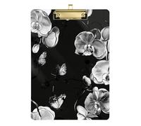 Cartoon Orchid Black Floral Flower Acrylic Plastic clipboard with Design Standard Letter A4 Size Transparent for Nursing Student Trade Quest Gold 12x9in Tabla para escribir con Clip