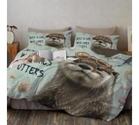 Cartoon Otter Duvet Cover Summer Beach Animal Theme Bedding Set 3 Pieces, Light Green Quilt Cover Double Size Zipper Closure and 2 Pillowcase
