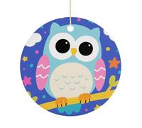 Cartoon Owl Double-Sided Ceramic Christmas Ornaments - Round Hanging Mini Xmas Tree Decorations, Ideas for Farmers, Rustic Home Decor for Indoor Outdoor Tree Decor