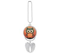 Cartoon Owl on Orange Background Car Pendant, Rear View Mirror Hanging Ornament, Auto Decor for Rearview Mirror, Keychain Silver-Style