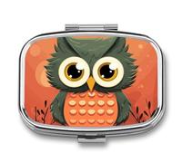 Cartoon Owl on Orange Background Pill Box 2 Compartment, Portable Pill Case with Mirror for Pocket Purse Travel, Mini Metal Medicine Organizer for Vitamins Fish Oil