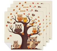 Cartoon Owl on Tree Cloth Napkins for Weddings, Reusable Dinner Napkins for Hotel, Washable Table Napkin for Restaurant, Soft Absorbent Napkin for Parties, Holiday 4 PCS