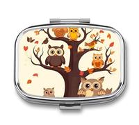 Cartoon Owl on Tree Pill Organizer Container for Travel, Metal 2 Compartment Square Pill Case, Portable Mini Medicine Box Pill Storage Case for Purse Pocket, Supplement Storage