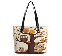 Cartoon Owl on Tree Tote Bag Large Soft Leather Purse with Zipper Lightweight Ladies Shoulder Handbag