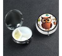 Cartoon owl Pill Box 3 Compartment Pill Case for Purse or Pocket Small Medicine Organizer with Mirror Travel Pillbox Decorative Metal Vitamin Container Unique Gift