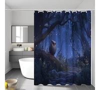 Cartoon Owl Shower Curtain 220X200Cm, Cobalt Blue Firefly Forest Shower Curtain For Bathroom, Quick-Drying Waterproof Mould Resistant Fabric Bathtub Curtains With Hooks