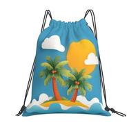 Cartoon Palm Tree Drawstring Bag Sport Sack Island Waves Drawstring Gym Bag for Kids Adults Water-Resistant Swimming String Backpack for Fitness Running Yoga Travel