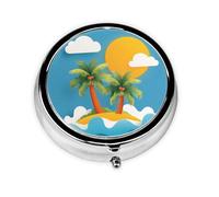Cartoon Palm Tree Small Pill Box 3 Compartment Portable Pill Box for Purse Pocket Island Waves Mini Medicine Organiser for Daily Vitamin Fish Oil Storage