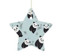 Cartoon Panda Bear Ceramic Christmas Star Ornaments - 2.7 Inch Rustic Star Xmas Tree Decor with Hanging String, Personalized Vintage Double-Sided Holiday Party Decorations for Xmas Gifts