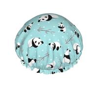 Cartoon Panda Bear Print Shower Cap for Women & Men â€“ Reusable Double-Layer Bath Hair Cap with Elastic Strap One Size