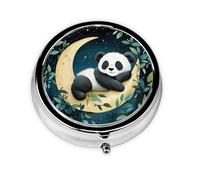 Cartoon Panda Moon Leaves Round Pill Box with 3 Compartments, Mini Metal Pill Organizer for Purse or Pocket, Lightweight Portable for Daily Use Gifts Travel