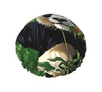 (Cartoon Panda) Print Double Layer Waterproof Shower Cap for Long Hair - Reusable Bath Hair Protection with Elastic Band for Women Travel.