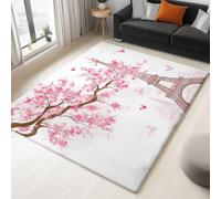 Cartoon Paris Eiffel Tower Cherry Blossoms Area Rug Non-Slip Soft Faux Wool Washable Inside Floor Mats, White Rugs Stain Resistant Low Pile Carpet for Living Room Bedroom Office Dorm, 80 x 150 cm Mat