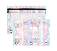 Cartoon Pastel Cakes Zipper Binder with Clear Window Large Zippered Pencil case Clear Window & Grommets Three Rings Binder for Office School Supplies Cosmetics Multicolored 2 PCS