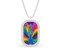 Cartoon Peacock Rainbow Tail Feathers Rectangle Pendant Necklace Silver Women Jewelry Alloy Keychain Tag Jewelry