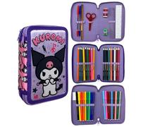CARTOON Pencil Case 3 Zip Complete 44 Pieces for School Multi-Compartment Pens Pencils Colours Markers Giotto, Kuromi, modern