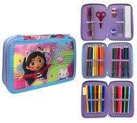 CARTOON Pencil Case 3 Zip Complete 44 Pieces for School Multi-Compartment Pens Pencils Colours Markers Giotto, Gabby's Dollhouse, modern