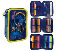 CARTOON Pencil Case 3 Zip Complete 44 Pieces for School Multi-Compartment Pens Pencils Colours Markers Giotto, Blue Stitch, modern
