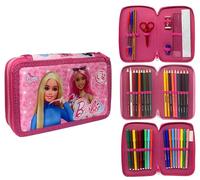 CARTOON Pencil Case 3 Zip Complete 44 Pieces for School Multi-Compartment Pens Pencils Colours Markers Giotto, Barbie, modern