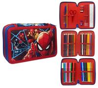 CARTOON Pencil Case 3 Zip Complete 44 Pieces for School Multi-Compartment Pens Pencils Colours Markers Giotto, Spiderman, modern