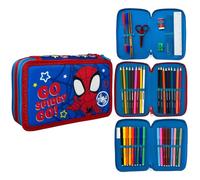 CARTOON Pencil Case 3 Zip Complete 44 Pieces for School Multi-Compartment Pens Pencils Colours Markers Giotto, Spidey, modern