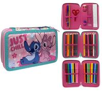 CARTOON Pencil Case 3 Zip Complete 44 Pieces for School Multi-Compartment Pens Pencils Colours Markers Giotto, Stitch And Angel, modern