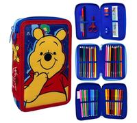 CARTOON Pencil Case 3 Zip Complete 44 Pieces for School Multi-Compartment Pens Pencils Colours Markers Giotto, Winnie The Pooh, 20 x 13 x 6 cm, Pencil Cases