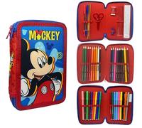 CARTOON Pencil Case 3 Zip Complete 44 Pieces for School Multi-Compartment Pens Pencils Colours Markers Giotto, Mickey Mouse, modern