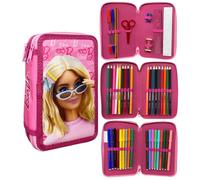 CARTOON Pencil Case 3 Zip Complete 44 Pieces Stationery Multi-Compartment Pens Pencils Colours Markers Giotto for School, Barbie, Pencil Cases