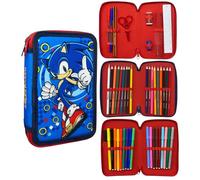 CARTOON Pencil Case 3 Zip Complete 44 Pieces Stationery Multi-Compartment Pens Pencils Colours Markers Giotto for School, Sonic, Pencil Cases
