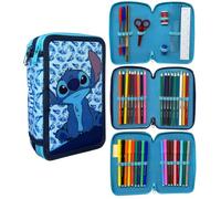 CARTOON Pencil Case 3 Zip Complete 44 Pieces Stationery Multi-Compartment Pens Pencils Colours Markers Giotto for School, Blue Stitch, Pencil Cases