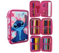 CARTOON Pencil Case 3 Zip Complete 44 Pieces Stationery Multi-Compartment Pens Pencils Colours Markers Giotto for School, Stitch Pink, Pencil Cases