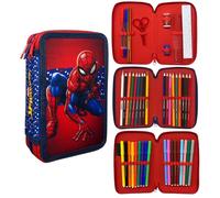 CARTOON Pencil Case 3 Zip Complete 44 Pieces Stationery Multi-Compartment Pens Pencils Colours Markers Giotto for School, Spiderman, Pencil Cases