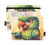 Cartoon Pencil Pouch 3 Ring Binder Colorful Cute Parrot Green Zipper Binder Pencil Bag Pen School Binders Clear Pockets Transparent 9.8" x 7.1", 2 Packs