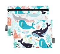 Cartoon Pencil Pouch 3 Ring Binder Cute Cartoon Arctic Sea Animals Narwhals Zipper Binder Pencils Bags School Clear Binders Pockets Pink 9.8" x 7.1", 2 Packs