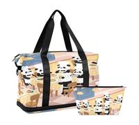 Cartoon Penda Chef Yellow 2 Pcs Set Travel Hand Bag Large Carry On Bag with Adjustable Strap for Yoga