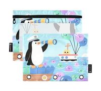 Cartoon Penguin Balloon Sea Blue Binder pouching 3 Ringing with Clear Window Zippered Pencil case in Assorted Colors 3 Ringing Binder for Office Supplies Multicolored 2 PCS