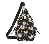 Cartoon Penguin Crown Black Pattern Sling Bag for Women Crossbody Shoulder Bag Fanny Pack with Adjustable Shoulder Strap for Travel Hiking