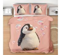 Cartoon Penguin Duvet Cover Set Cot Bed for Kids Boys Girls, Pink Bubbly Bedding Set Junior 120x150 cm, Breathable Hypoallergenic Soft Reversible Toddler Duvet with 1 Pillowcase