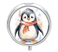 Cartoon Penguin Pill Box 3 Compartment Travel Pill Organizer 3 Times A Day Cute Mini Pill Case for Purse & Pocket Portable Metal Medicine Box with Mirror Round Daily Medicine Vitamin Container