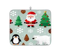 Cartoon Penguin Polar Bear Santa Claus Absorbent Dish Drying Mat for Kitchen Counter, Reversible Microfiber Dish Drying Pad with Hanging Loop for Glassware Utensils Pots 16x18 in