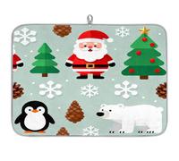 Cartoon Penguin Polar Bear Santa Claus Absorbent Dish Drying Mat for Kitchen Counter, Reversible Microfiber Dish Drying Pad with Hanging Loop for Glassware Utensils Pots 18x24 in
