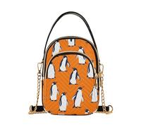 Cartoon Penguins Orange Women's Shoulder Handbag Phone Bags with Chain Strap Floral Print Zipper Bowler Tote Ladies Satchel, 5.9" × 8.3" × 3.1"